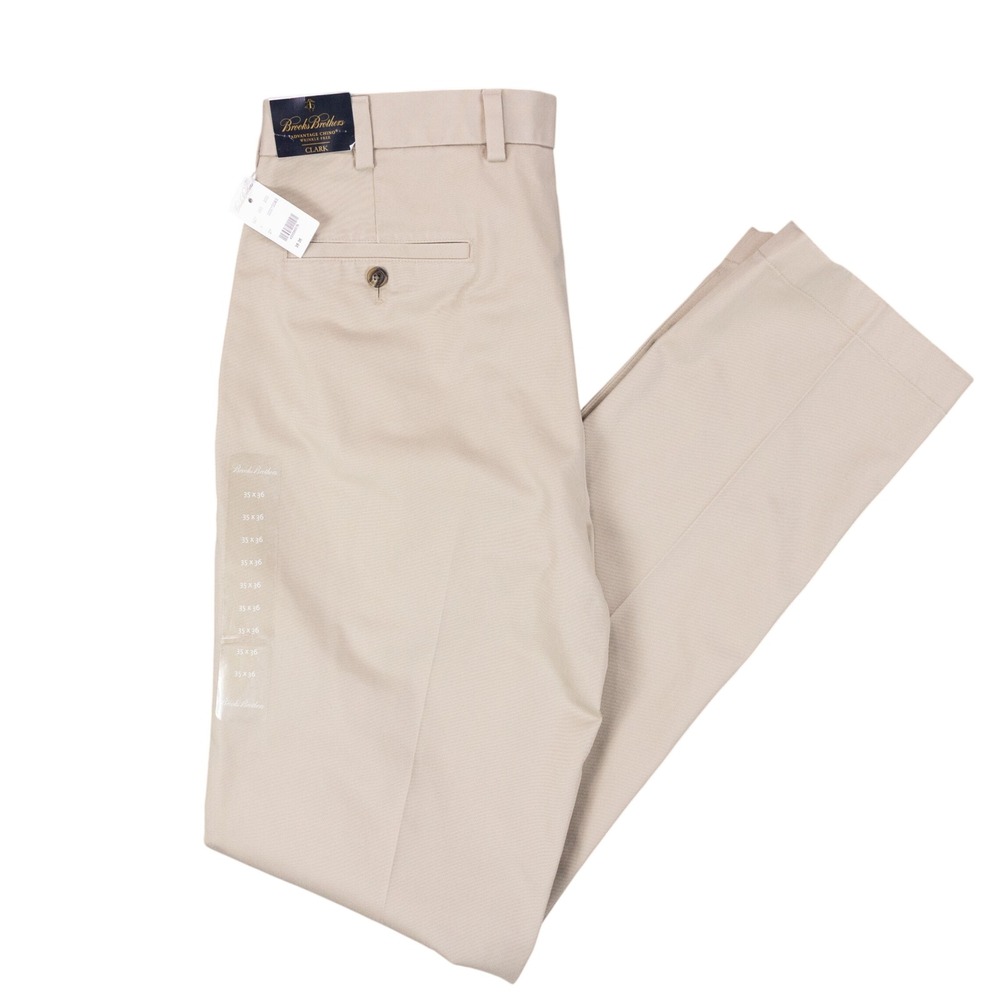 NWT Brooks Brothers Advantage Chino Clark Mens 35x36 Beige Flat Front Pants
